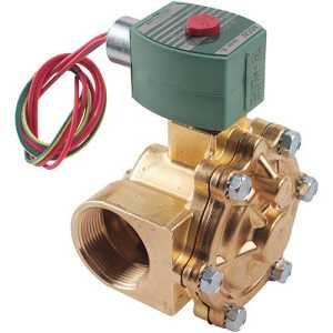 Brass solenoid valve with a green top and red button, attached wires protruding.