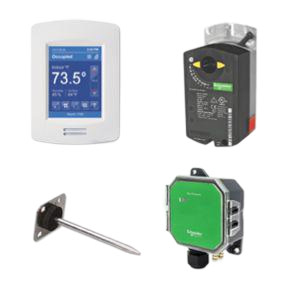 VAV kit with touchscreen thermostat, grey actuator and probe.