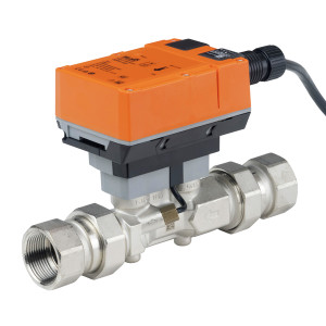 Metallic inline valve with hexagonal ends, topped by a large orange electronic box with a cable attached.
