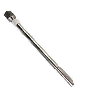 Long polished metal thermowell with male threaded end and white plastic compression fitting