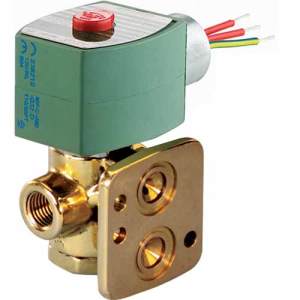 Brass solenoid valve featuring a square mounting flange, a green coil top and colored wires