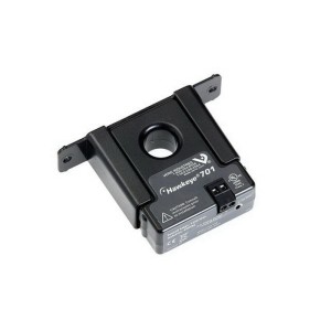 Black square current sensor with round hole, mounting flanges and small connector.