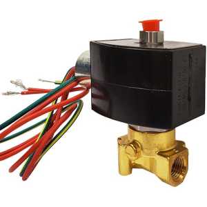 Brass 3‑way solenoid valve with black coil and orange button.