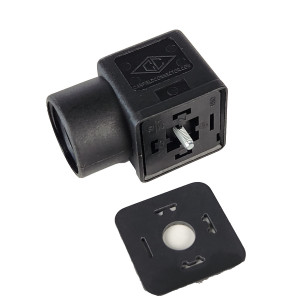 Black rectangular plug connector with single central screw and detachable square rubber gasket.