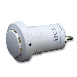 White cylindrical air sampling sensor with slotted vented front and a brass hose barb at rear.