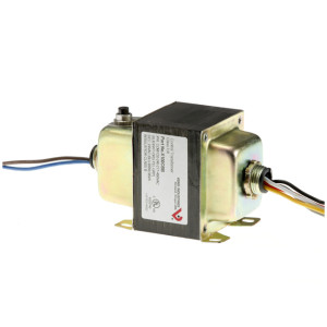 Rectangular metal transformer with a black laminated core and various colored wires on each end