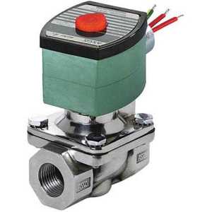 stainless steel solenoid valve with green actuator coil featuring a red button; wires extend from the coil and the valve body has threaded ports secured by four bolts
