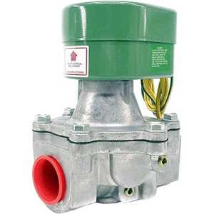 A metallic solenoid valve with a green coil on top, yellow wires, a silver body and a red-capped inlet port, used for controlling gas or fluid flow, shown against a white background.