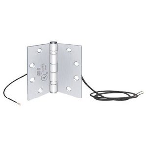 Silver metal door hinge with six holes per leaf and a black electrical wire emerging from one side, isolated against white.