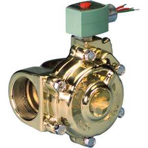 Polished brass valve with a circular bolted housing and square green solenoid coil on top featuring a red push button and exposed wires.