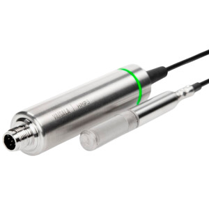 Stainless steel cylindrical sensor with larger body labeled HMP3 and a smaller probe attached, connected by cables.