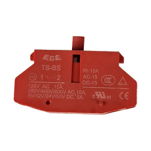 Red pushbutton block with metal prongs