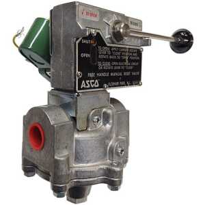 A heavy‑duty metallic solenoid valve with a red port and a black lever handle on top for manual reset, labeled with operating instructions.