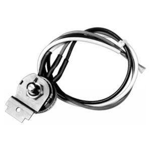 Small metal sensor assembly with a screw bracket and coiled black and white wires attached