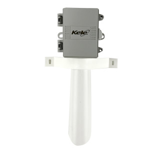 Grey rectangular sensor box with Kele logo mounted on top of a white conical radiation shield and crossbar bracket.