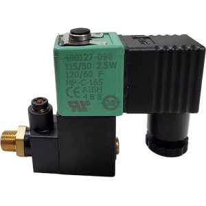 Small black solenoid valve with green coil and brass body.