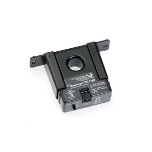 Black current transducer with a circular hole, two mounting wings and a small connector port for wiring