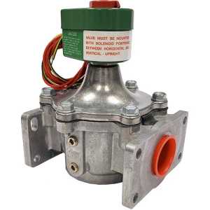 Heavy-duty gas solenoid valve with green coil, flanges and wiring