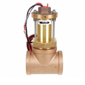 Bronze Y‑shaped valve with a brass cylindrical actuator on top secured by bolts and red and black wires attached
