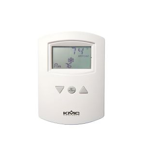 White thermostat with a rectangular display showing 74 °F and two arrow‑shaped buttons below