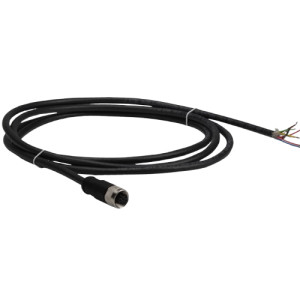 Coiled black cable with a plug on one end and bare wires on the other.