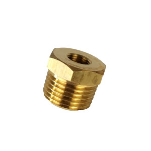 Small hexagonal brass fitting with male threads and a central female threaded hole