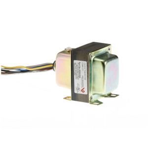 Rectangular metal transformer with a black laminated core and color‑coded wires