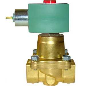 Side view of a brass solenoid valve with a green cylindrical coil topped with a red knob.