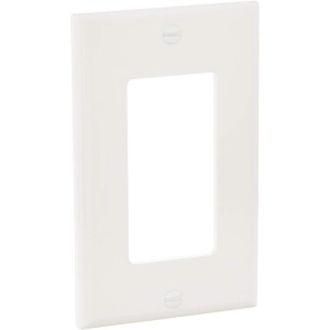 White plastic Decora-style wall plate with center rectangular cutout and two mounting screws