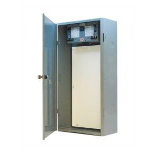Tall grey electrical cabinet with open door showing breakers and blank panel.