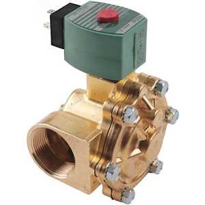 large brass solenoid valve with green actuator coil featuring a red button and integrated plug, mounted on a heavy-duty brass body with multiple bolts and a wide threaded port