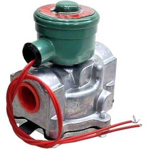 chunky grey valve with a circular green head and red wires hanging down