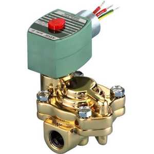 Brass solenoid valve with green coil, red button and colored wires