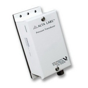 White rectangular pressure transmitter box with small screw at top, threaded connection at bottom, and mounting bracket