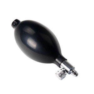 Black rubber squeeze bulb with chrome nozzle and knurled bleed valve used as a manual pump.