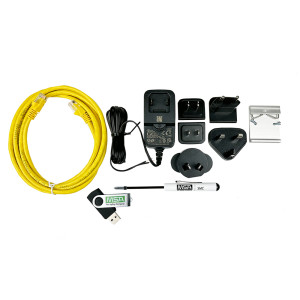 Set of components including black gateway device, power supply, cables and documentation