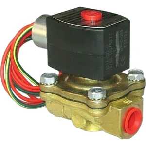 brass solenoid valve with black top coil and red push-button, four bolts on the body, and colorful wires attached to the side