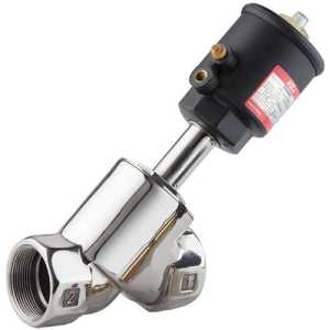 Polished metallic angled valve with a black actuator housing and numbers near the pipe openings