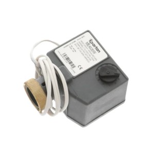 Grey box‑shaped actuator with a brass threaded ring on one side, a small black knob on top and white wires coiled around it
