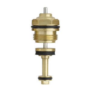 A slender cylindrical brass valve stem with a threaded hexagonal top, several black rubber washers along its length, and a thin rod extending from both ends.