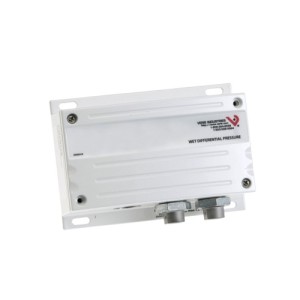 White rectangular pressure transmitter with two metal ports at bottom and mounting flanges.