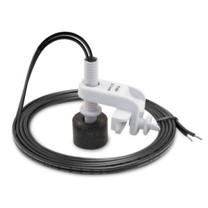 Condensate overflow switch featuring white plastic clamp with threaded stem, black cylindrical float and long black wire lead