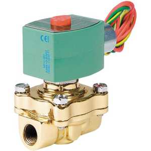 Brass solenoid valve assembly with a green top coil, red button, and colored wires attached.