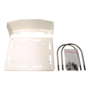 A hardware mounting kit includes a white rectangular metal plate with multiple holes, a matching hood-like bracket, two U‑bolts, and a plastic bag of nuts and washers.