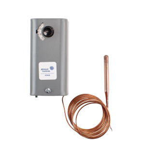 Rectangular grey temperature control with knob on top and long copper capillary tube ending in a bulb.