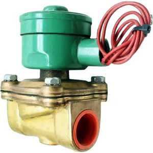 explosion-proof solenoid valve with a round green coil and coiled red wire on top of a brass valve body featuring four bolts and a red port opening