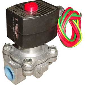 Compact silver valve topped with a black rectangular solenoid featuring a red button; green, red and yellow wires extend from the side and a blue port is visible on the front.
