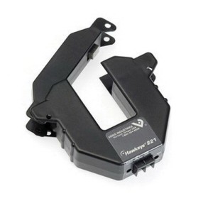 Small black hinged current transformer with two halves and red setpoint knob.