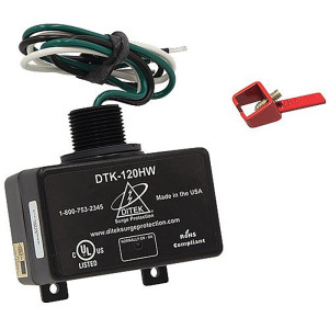 Black DITEK surge protector with attached wires and a red mounting bracket.