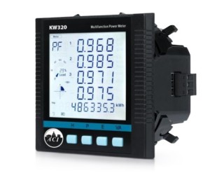 Square black multi-function power meter with a large LCD showing various electrical measurements and a row of four pale blue buttons along the bottom.